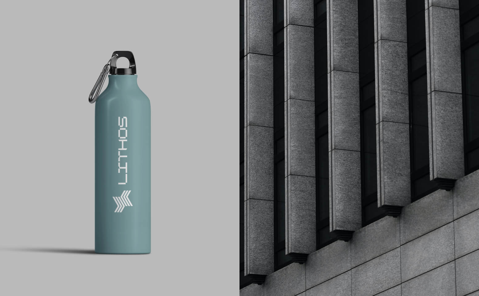 Bottle with LITHOS logo and building detail.