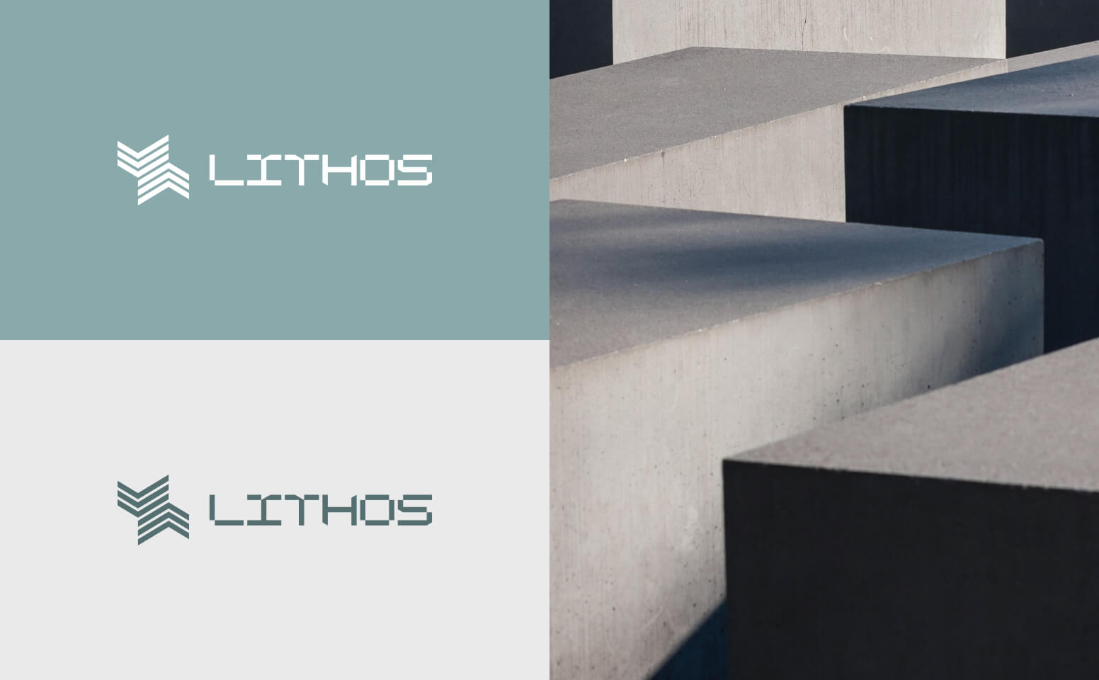 Logo LITHOS with two-tone primary colour and concrete blocks.