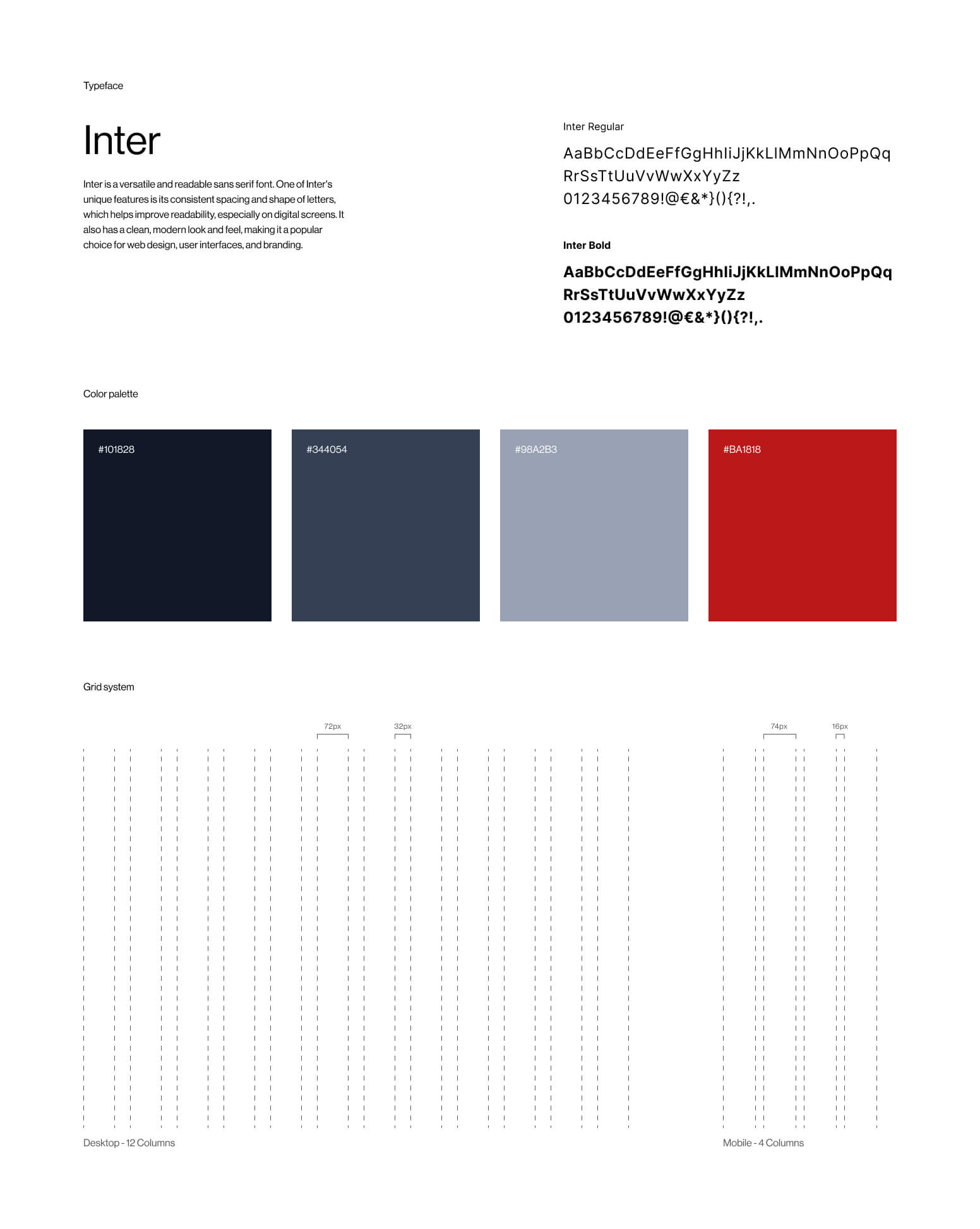 Information about design system, typography, colors and grids.